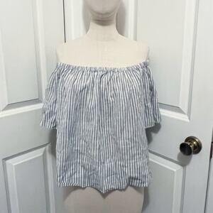 AG Adriano Goldschmied Top Medium Off the Shoulder Blue White Stripe Crop